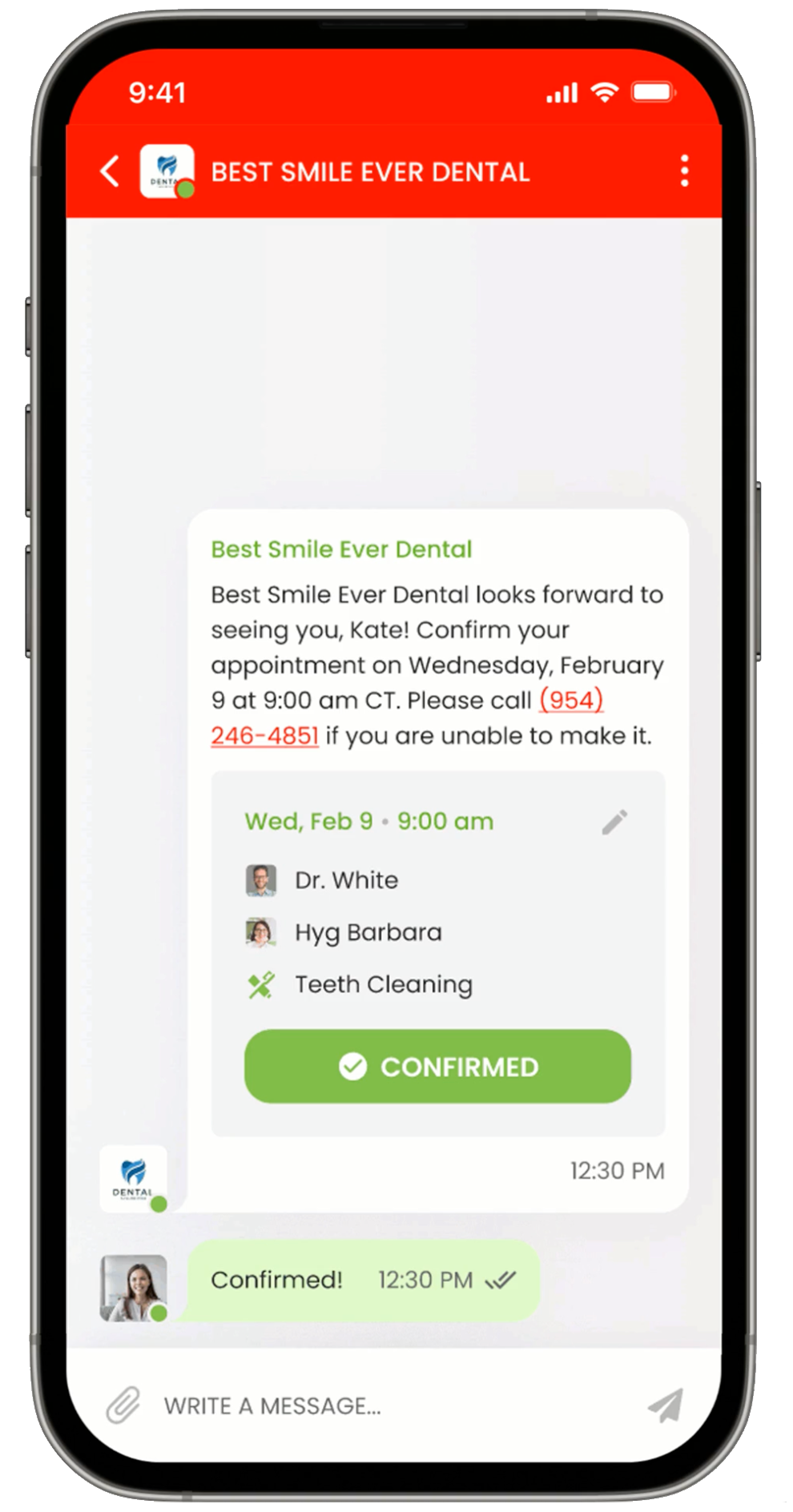 Appointment confirmation reminder in the Toothapps® patient app