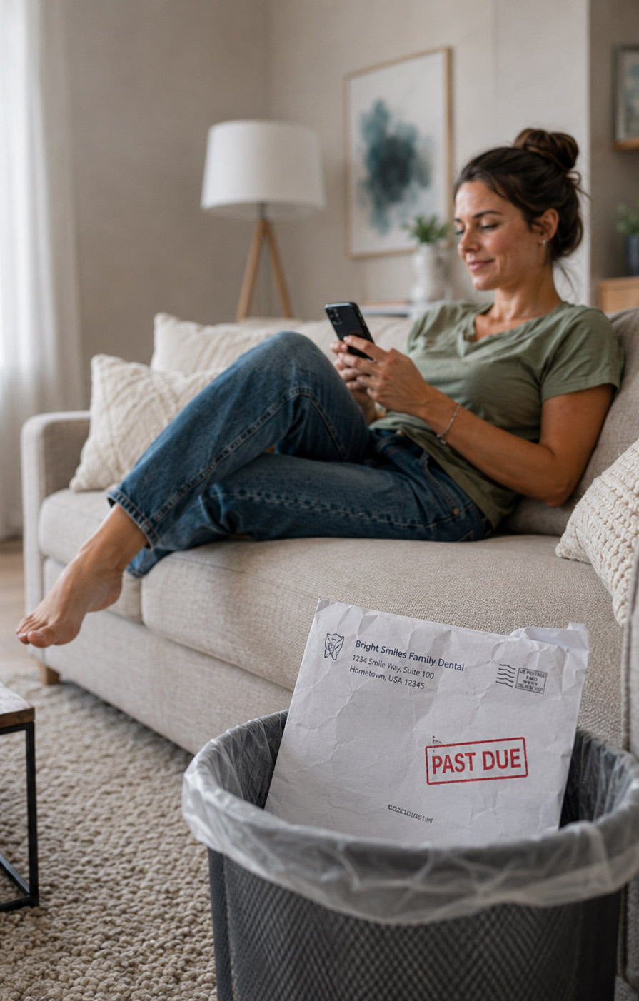 Patient ignoring a past due dental bill while using a phone
