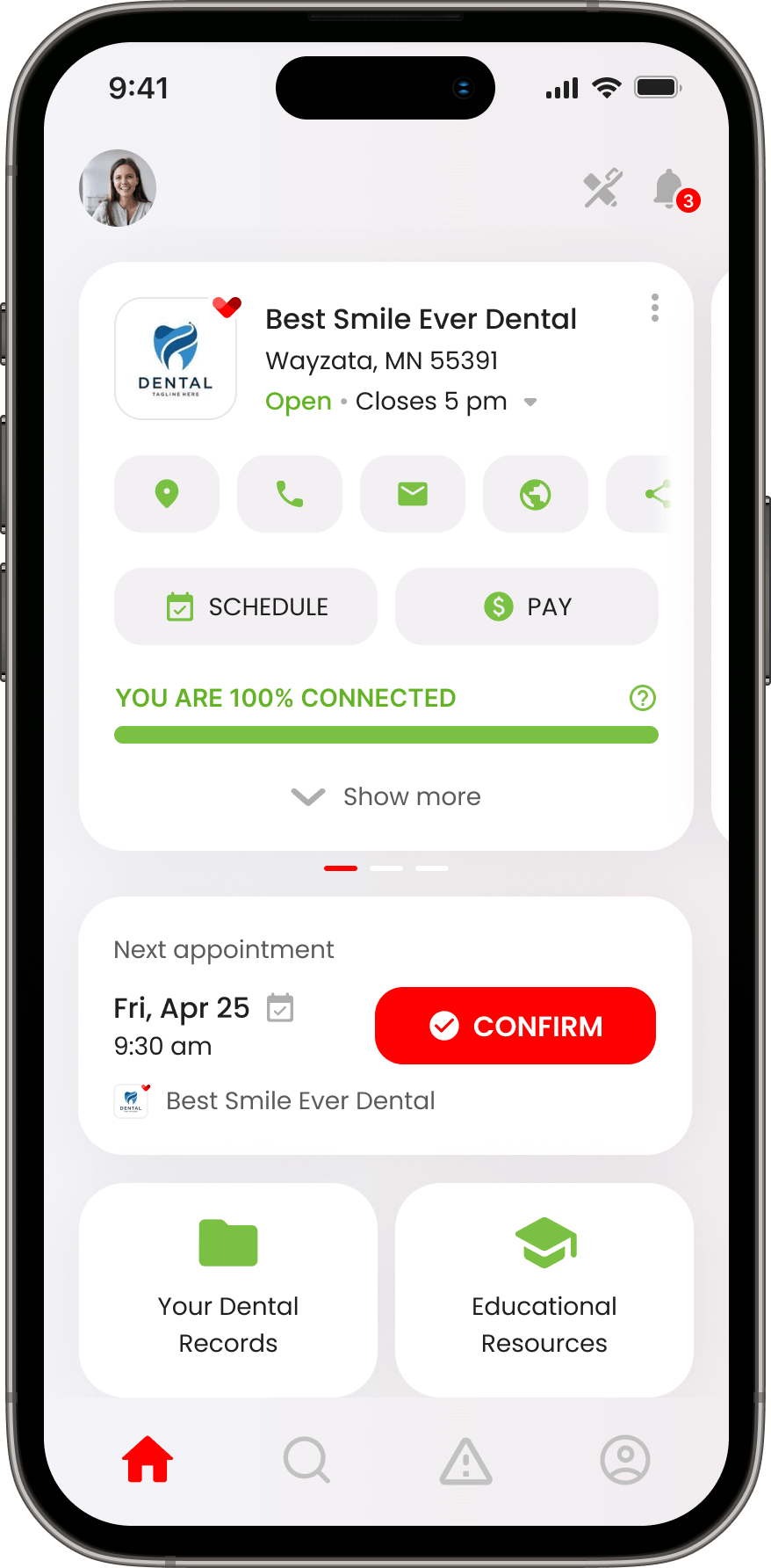 Cair™ dental app home screen showing appointment confirmation, schedule, pay, records, and educational resources