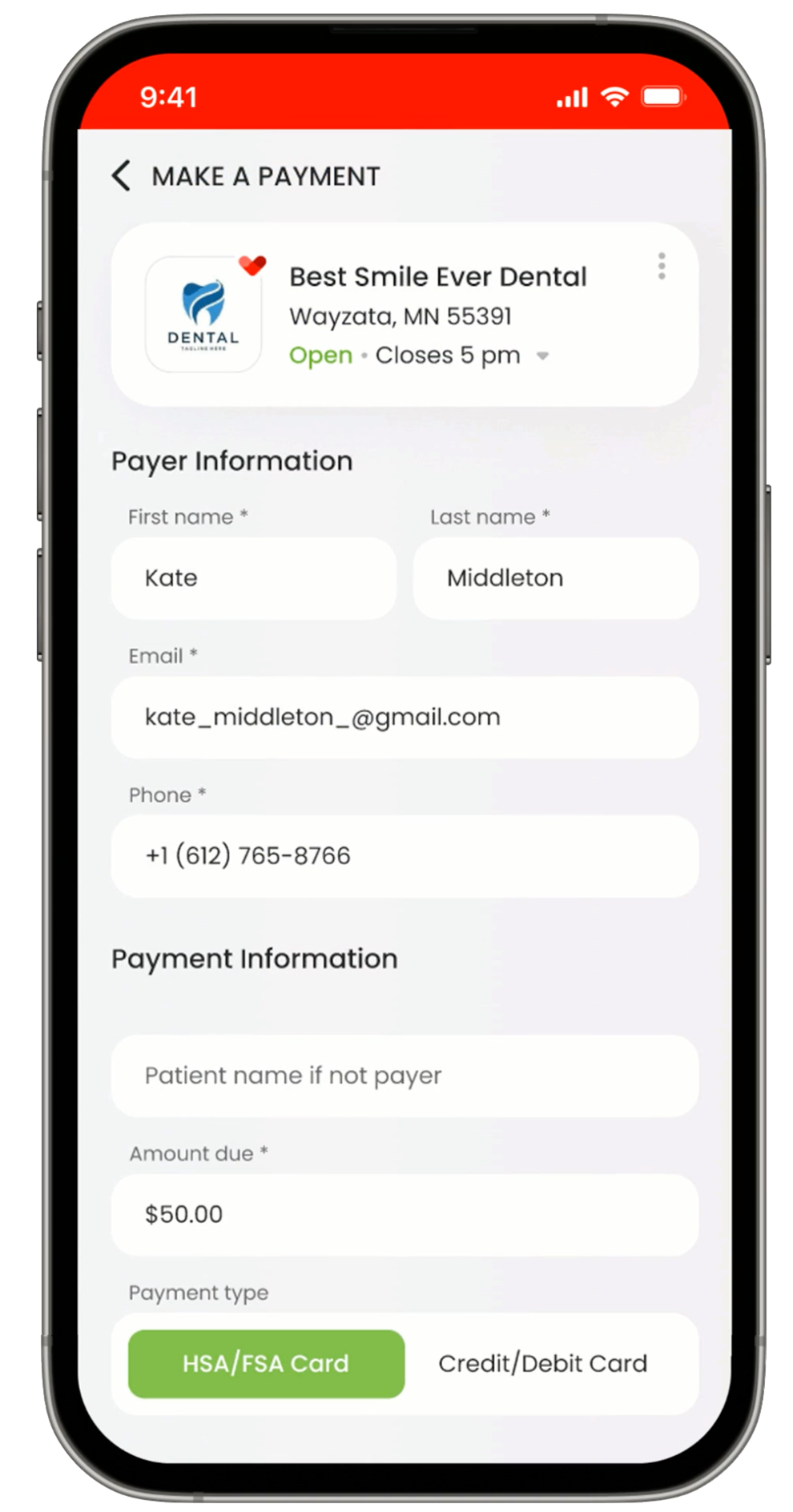 Make a payment screen in the Toothapps® patient app